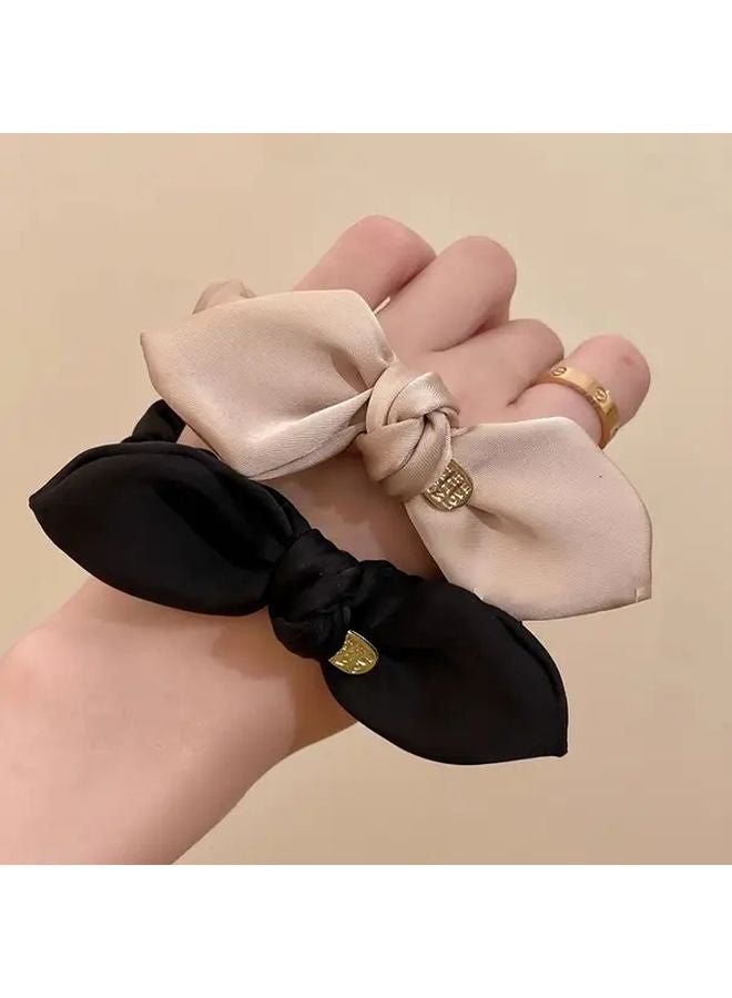 Black Satin Bow Hair Tie Scrunchie For Women And Teens With Golden Accents - Image 5